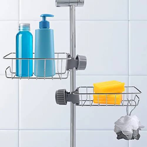 Gvolatee Duschablage für Duschstange, Wasserhahn Regal Edelstahl 304, Küchenarmatur Schwammhalter, Spülbecken Organizer Ohne Bohren, Seifenhalter Dusche, Rutschfeste Lagerregal, Duschkorb für 15-30mm