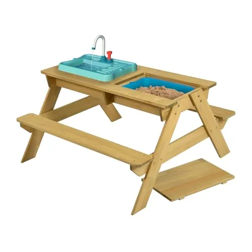 TP Toys Splash and Play hölzerner Picknicktisch mit Wasserhahn - Picknicktisch für Kinder ab 2 Jahren, mit funktionierendem Wasserhahn und vielseitiger Nutzung für Sand- und Wasserspiele im Freien.