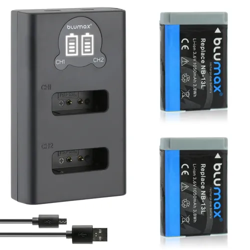 2x Akku + LCD Lader für Canon NB-13L PowerShot G5X G7X G9X 1050 mAh (3,6V)