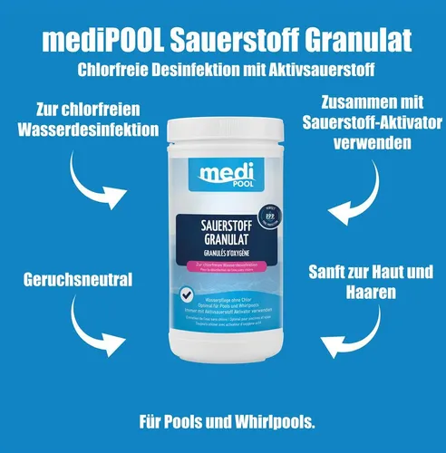 Medipool Mega Sparset XL Sauerstoff Granulat 6X 1 kg - Chlorfreies Desinfektionsgranulat mit Sauerstoff-Aktivator, ideal für Pools und Whirlpools. Sanft zur Haut, geruchsneutral und bewährte Qualität von mediPOOL.