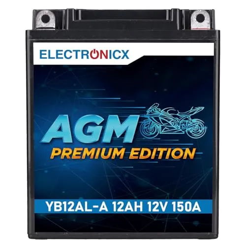 Electronicx, AGM, Motorradbatterie YB12AL-A 12V 12Ah 150A – wartungsfreie Starterbatterie, versiegelt & auslaufsicher- 134×80×160mm- Hochleistungsakku für Motorrad, Roller, Quad, ATV, Schneemobil.