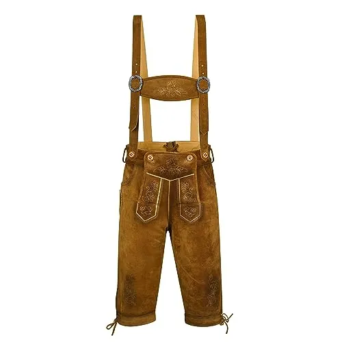 Dretaild Premium Deluxe Lederhose Herren - Tracht Knielang mit Riemen für Oktoberfest - Trachtenlederhose für Herren aus 100% echtem Rindleder, inkl. hochwertigen Hosenträgern und feiner Stickerei. Ideal für lange Tage auf dem Oktoberfest!