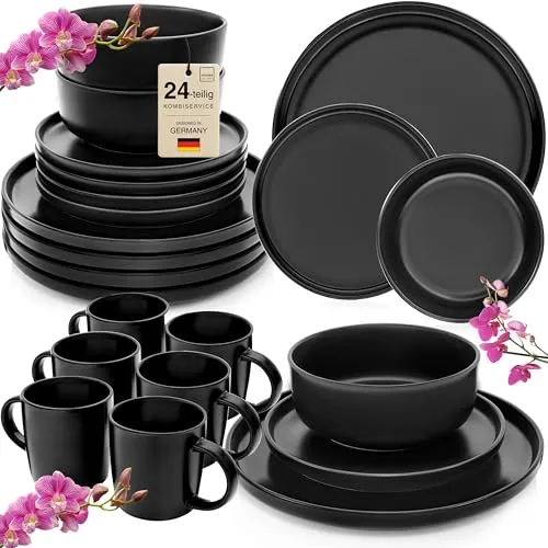 SÄNGER Madeira Kombiservice 24-teilig für 6 Personen - Elegantes 24-teiliges Geschirrset in edlem Schwarz, bestehend aus 6 Speisetellern, 6 Desserttellern, 6 Schalen und 6 Kaffeebechern. Ideal für stilvolle Tischarrangements und den täglichen Gebrauch – spül- und mikrowellengeeignet!