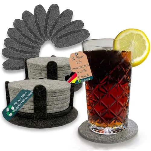 Filz Untersetzer für Gläser - 12er Set Ink. Glasuntersetzer in dunkelgrau für Getränke, Tassen, Bar, Glas - Premium Tischuntersetzer Filzuntersetzer (Modell 1)