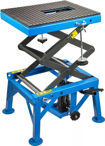 STIX Hydraulischer Motorradheber SSM-02 - 140 kg Tragkraft - Werkstatteinrichtung mit 4-stufiger Höhenverstellung von 35 bis 87 cm, ideal für leichte Motorräder und Quads. Sicheres Anheben durch Verriegelungsbolzen und seitliche Griffe.