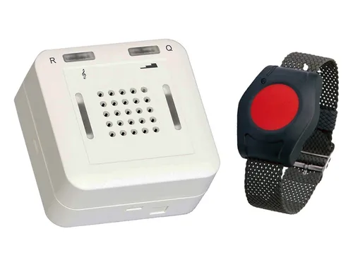 Eldat Hausnotruf RS16 Alarmsirene mit Funkreichweite 150m - Zuverlässige Alarmsirene für die häusliche Pflege, ausgestattet mit einem praktischen Armbandsender. Ideal für schnelle Alarmierung im Notfall und einfach zu bedienen.