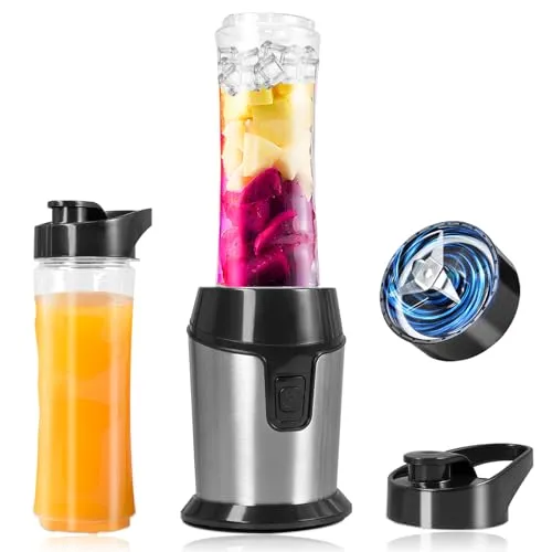 Carehabi Mixer, Tragbarer Mini Standmixer & Smoothie Blender mit 2x600ml Flaschen (BPA-frei), 300W Edelstahl-Motor & 4 Klingen für Shakes, Smoothies, Eis - Silber