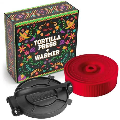 Uno Casa Tortilla-Presse aus Gusseisen, 20,3 cm, mit Tortilla-Wärmer – Set mit vorgewürztem Quesadilla-, Roti- und Pataconera-Maker mit Taco-Schalen-Wärmer, inklusive 100 Stück Pergamentpapier