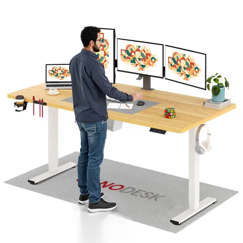 SANODESK Höhenverstellbarer Schreibtisch 180x80cm elektrisch 4 Memory-Funktion, Antikollisionsschutz, 70kg Tragkraft, mit Haken und Ablagebox (Ahorn)