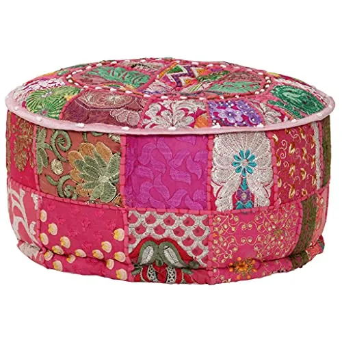 vidaXL Handgefertigter Sitzpouf Rosa mit Patchwork-Design - Stilvolle Hocker, handgefertigt aus 100% Baumwolle mit exquisite Stickereien, bringt indischen Stil und Gemütlichkeit in Ihr Zuhause.