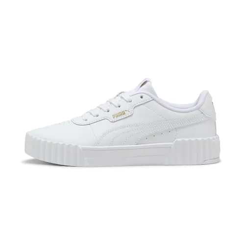 PUMA Carina 3.0 Sneakers Damen - Weiß Gold - Sneaker in klassischer Tennis-Silhouette, inspiriert von den 80ern. Ideal für lässige Outfits und den Alltag, mit hochwertigem Leder-Obermaterial und bequemer Passform.