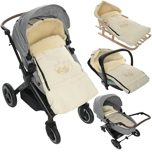 Winter Fußsack für Kinderwagen Babyschale Schlittensack Lammwollesack Baby Fußsack Kuschelsack Winterfußsack 40 x 90/110 cm (Creme)
