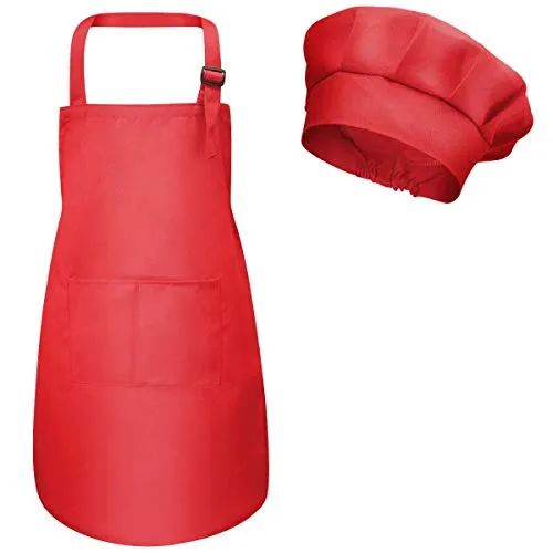 Fodlon Kinder Schürze und Kochmütze, Verstellbare Kinder Köche Schürze mit Taschen für Jungen Mädchen, Kleinkind Küche Garten Schürzen für Kochen Backen Malen Basteln (M für 3-6 Jahre) (Rot)