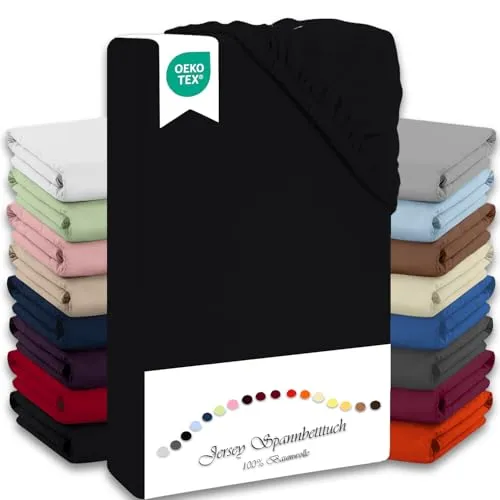 Julido Spannbettlaken 100x200 cm (Schwarz) Jersey Betttuch aus 100% Baumwolle, Oeko-Tex Standard 100, hautfreundlich, atmungsaktiv & für Allergiker geeignet, Matratzenhöhe bis 30 cm