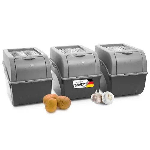Novaliv Vorratsdose Kartoffelbox - 3x Gemüsebox Set, 9L Grau - Vorratsdosen für Gemüse, hält Obst und Gemüse länger frisch mit optimaler Luftzirkulation und stapelbarem Design für mehr Ordnung in der Küche.