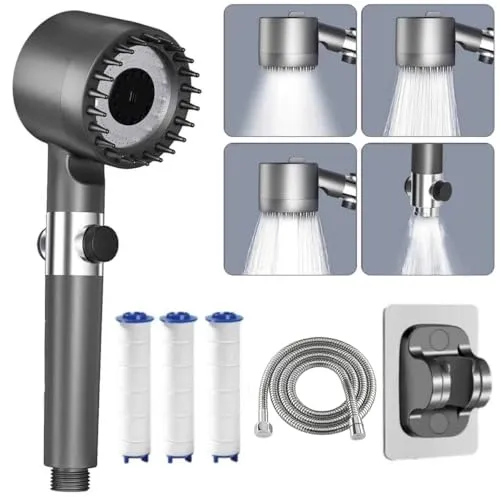 Searoads-Duschkopf mit Filter, Hochdruck duschkopf mit schlauch, 4 Strahlarten Hochdruck Handbrause duschemit stoppfunktion und Filtration Gegen Kalk für Hartes Wasser,Rest-Chlor,Bakterien Grau XS