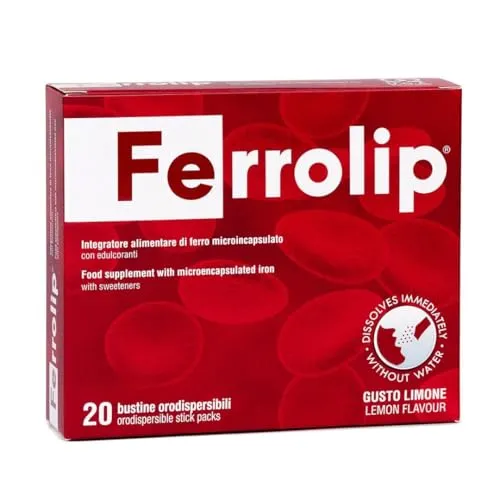 Ferrolip – Nahrungsergänzungsmittel aus mikroverkapseltem Eisen – für Frauen im gebärfähigen Alter und schwangere Frauen – Zitronengeschmack – 20 bukkale Einzeldosis-Beutel