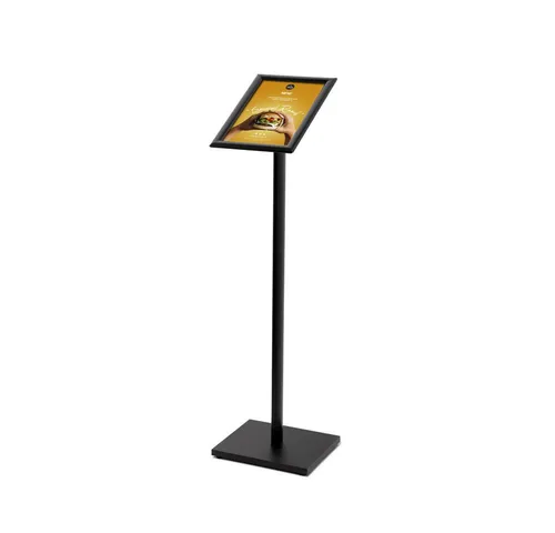 Showdown Displays Hängevitrine Design Standard DIN A4 - Schwarz - Hängevitrine aus Aluminium und Stahl mit Gehrungsecken, ideal für die Präsentation von Menüs oder Werbebotschaften in Museen und Geschäften. Stabilität durch Gummifüße und elegantes Design.