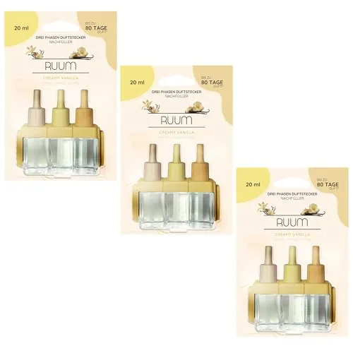 RUUM Nachfüllflakons 3er Pack je 20 ml Creamy Vanilla - Hochwertiger Raumduft Nachfüller - Kompatibel mit Febreze & Ambi Pur 3Volution Duftstecker - Lufterfrischer Nachfüller für Duftvielfalt