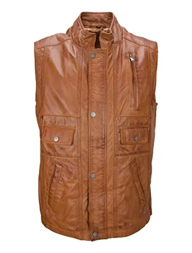 Herren lange Lederweste Egon aus weichem Lammnappa Leder - cognac - Herren-Westen mit klassischem Schnitt und sportlichem Stehkragen, ideal für zahlreiche Anlässe. Hergestellt aus hochwertigem, weichem Lammnappa Leder für besten Tragekomfort.