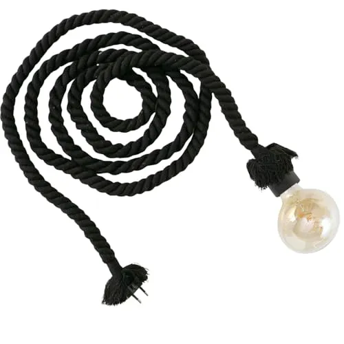 LS-LebenStil Hängelampe Tau Sisal 300cm Pendellampe Lampenkabel Schwarz Hängende Seil-Lampe Pendel-Leuchte Tischlampe für E27 Glühbirnen im Loft Style Büro Küche Wohnzimmer Schlafzimmer