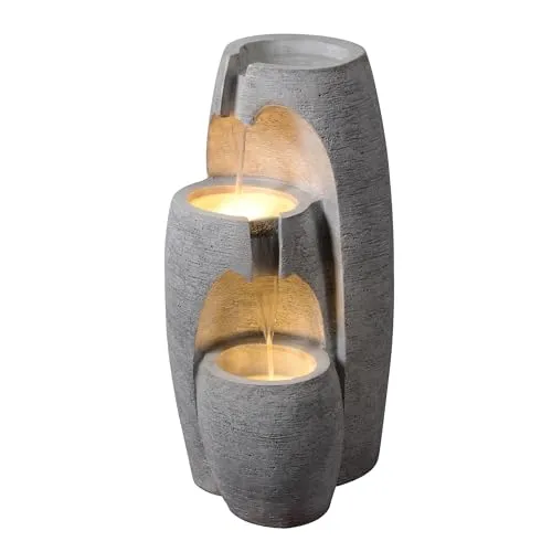 Teamson Home Gartenbrunnen Grau – 3-stufiger Wasserfall mit LED-Beleuchtung