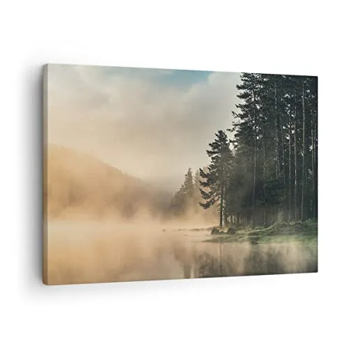 Bilder auf Leinwand Nebel See Wald Leinwandbild mit Rahmen 70x50cm Wandbilder Dekoration Wohnzimmer Schlafzimmer Küche Deko Klein Wanddeko Bild Wand Kunstdruck Art Wall Decor Canvas AA70x50-4440