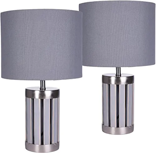 BRUBAKER Tischleuchte Nachttischlampe Holz - Tischleuchte mit modernem Holz-Metall-Fuß in Grau, ideal für stilvolle Akzente im Wohnraum. Ohne Leuchtmittel, E14 Fassung, perfekt für Indoor-Einsatz.