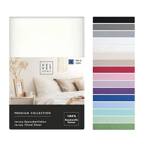 VelvetHome Spannbettlaken 200x220cm 100% gekämmte Baumwolle Made in EU Jersey Bettlaken 200x220 bis 25 cm Matratzenhöhe Spannbetttuch 200x220 Premium Qualität Schönen Farben Ecru