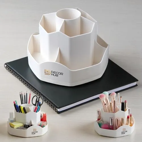 DECOR HUB Schreibtisch-Organizer aus Kunststoff, Stiftehalter für den Schreibtisch, um 360 ° drehbar, Organizer mit großen Fächern