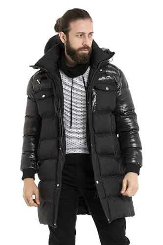 Cipo & Baxx Herren Mantel CM209 Schwarz – Stylische Winterjacke im modernen Design mit warmem Innenfutter, abnehmbarer Kapuze und funktionalen Details für kalte Tage - CM209 Schwarz XL