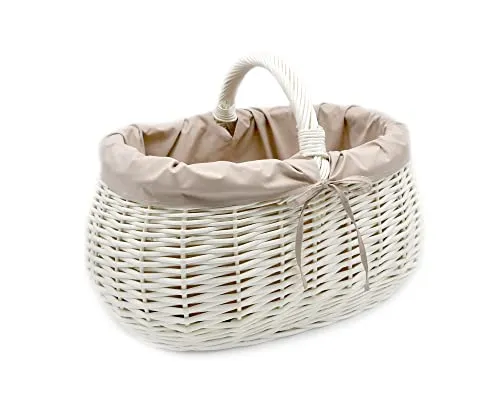 MyBer® Einkaufskorb Weidenkorb Stabiler Tragekorb Korb aus Weide geflochten weiß groß Stoffeinlage beige 50/32/22cm (31 mit Henkel) K1-605-W-SB