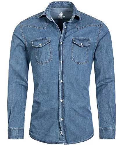 Rock Creek Herren Jeanshemd - Vintage Denim Hemd in Hellblau - Herrenhemden aus 100% Baumwolle, mit Druckknöpfen und Regular Fit. Ideal für lässige Anlässe und bequem zu tragen. Erhältlich in 5 Größen.