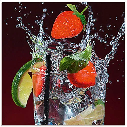 ARTland Wanddeko Glasbilder Wandbild Glas Bild einteilig 50x50 cm Quadratisch Früchte im Wasser Cocktails Frucht Bar Erdbeere Limette EIS Sommer S6BG