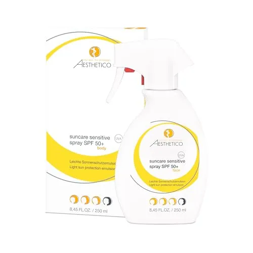 Aesthetico Suncare Sensitive Spray SPF50+ 250ml - Sonnenschutzmittel mit sehr hohem UV-Schutz, ideal für sensible Haut und Kinder ab 3 Jahren. Das leichte Spray zieht schnell ein und bietet optimalen Schutz ohne zu fetten.