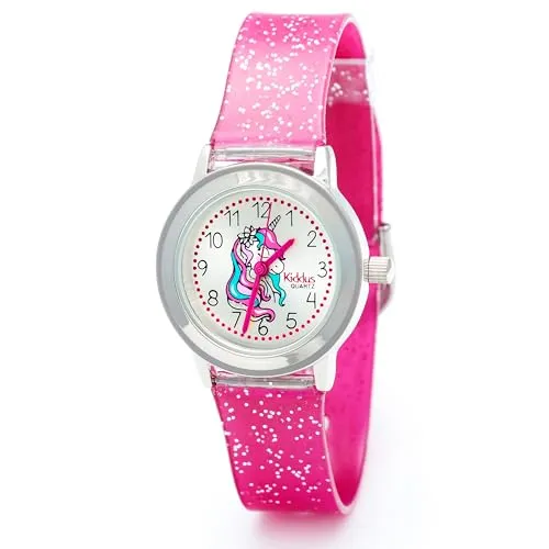 Kiddus | Kinderuhren. Mädchen Armbanduhr. Mit Übungen zum Uhrzeit Lernen. Kinderuhren mädchen. Mit Glitzer und Mit Hochwertigem Japanischen Quarzwerk. Ab 4 Jahre alt. Einhorn.