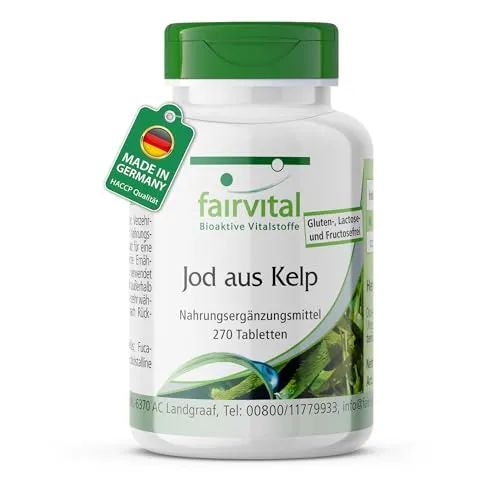 fairvital, Jod aus Kelp, 270 Tabletten, 200μg Jod pro Tablette, schluckfreundlich, qualitätsgeprüft und hochdosiert, 100% vegan, Made in Germany
