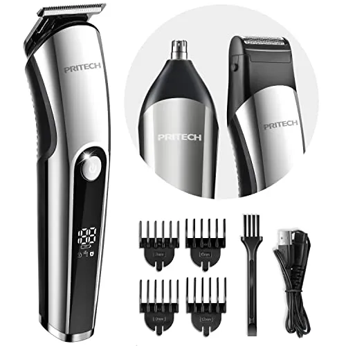 PRITECH Barttrimmer für Männer, 3 in 1 Haartrimmer Set, Nasen- und Ohrhaartrimmer, Mikro-Rasierer, Männer-Pflegeset kabellos mit LED-Display, IPX6 wasserdicht (Silber)