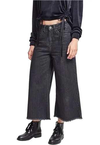 Urban Classics Damen Culotte Hose Schwarz (black washed) - Modische 3/4 Schlaghose für Damen im Used Look mit offenem Beinabschluss, ideal für lässige Outfits. Erhältlich in den Größen XS bis 5XL.