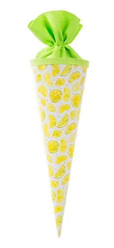 goldbuch 93 425 Geschwistertüte Zitrone, Schultüte mit Zitronenmuster, Lackkarton, Geschenkverpackung mit grünem Filzverschluss (ohne Verschlussband), Zuckertüte rund, Länge 35 cm, Ø 11,5 cm, Weiß