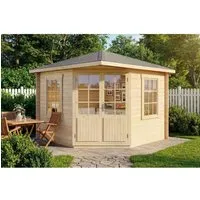 Alpholz Gartenhaus 5-Eck Monica, 325x325 cm - Gartenhaus aus nordischer Fichte mit Spitzdach, 2 Ausstellfenstern und 28 mm Wandstärke - ideal für Gartenliebhaber und als zusätzlicher Raum im Freien.