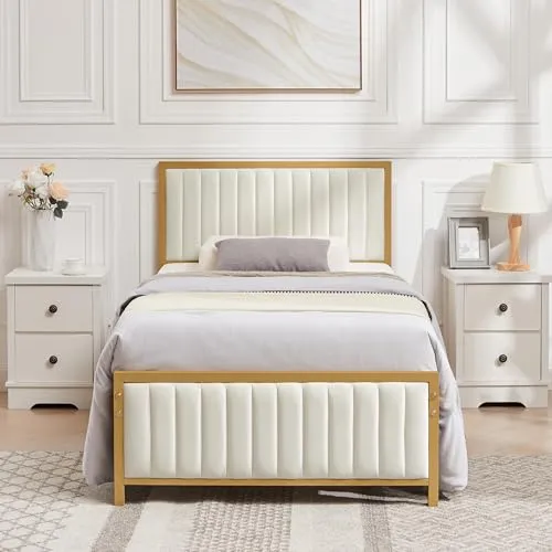 VECELO Bettgestell 90 x 200 cm, Gepolstertes Metallbett in Beige mit Lattenrost