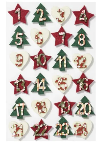 Mini-Holzzahlen-Set 1-24 sort. ca. 30 mm, Filz, rot-grün-creme, Advent, Adventskalender