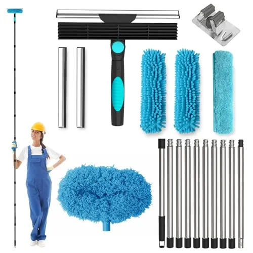 in 1 Teleskop Fensterwischer Abzieher Set,24cm~390cm Extra Lange Fensterputzer Set,1 Stauber,3 Mikrofasertuchbürsten & 2 Gummischaber für hohe Fenster im Innen-und Außenbereich,Bad,Dusche,Auto, Glas 4