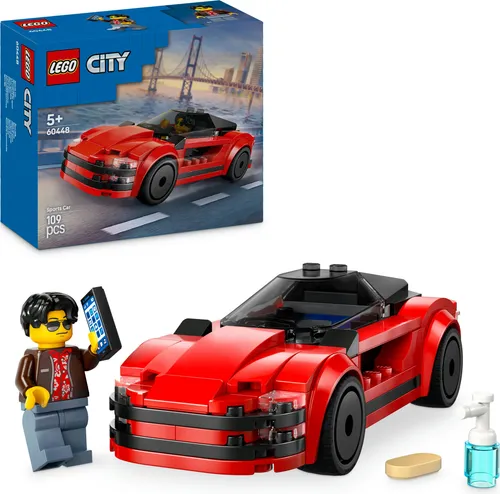LEGO CITY Roter Sportwagen 60448 - Bauspielzeugset für Kinder ab 5 Jahren, enthält einen coolen Supersportwagen mit Minifigur und 3D-Bauanleitung in der LEGO Builder App für kreativen Spielspaß.
