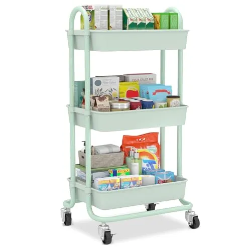 Sekey Rollwagen mit 3 Ebenen | Mintgrün - Küchen Aufbewahrungswagen mit rostfreiem Edelstahlgestell, 360°-Gummirädern mit Bremsen und 10 kg Tragkraft pro Ebene für vielseitige Nutzung in Küche, Bad oder Büro.