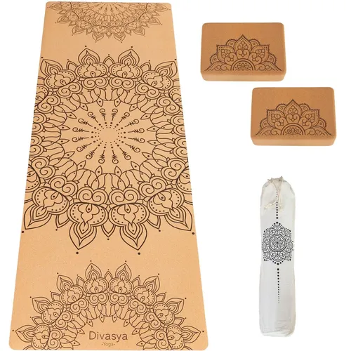 DIVASYA Yogamatte Starter Set: Kork Yogamatte mit 2x Yogablock und Tragegurt - Vielseitiges Yogamatte Starter Set für Zuhause und im Studio. Die rutschfeste Kork-Oberfläche bietet hervorragenden Halt und ist nachhaltig. Ideal für Yoga, Pilates und Fitness.