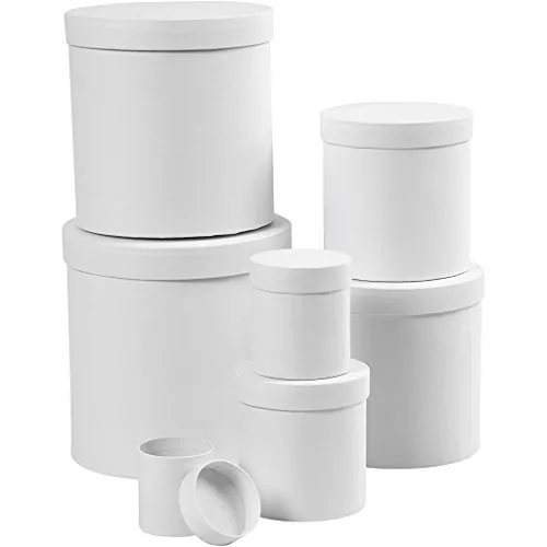 Runde Boxen, rund, D: 7+9+12+14,5+17+19,5+22 cm, H: 7,5+10,2+12,7+15,2+17,7+20,2+22,7 cm, weiß, 7 Stück