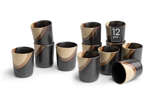 Becher, Keramik 12-teilig - Das stilvolle 12-teilige Kaffeebecher-Set in Schwarz und Braun bietet 350 ml Fassungsvermögen pro Becher. Aus robuster Keramik gefertigt, vereint es modernes Design mit Alltagstauglichkeit und liegt angenehm in der Hand.