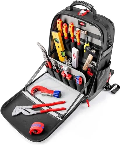 KNIPEX Werkzeugrucksack Modular X18 Sanitär 17-teilig - Praktischer Werkzeugrucksack mit 18 Litern Volumen, ideal für Sanitärarbeiten. Inklusive 17 hochwertigen Markenwerkzeugen und MOLLE-Bändern für flexibles Zubehör.